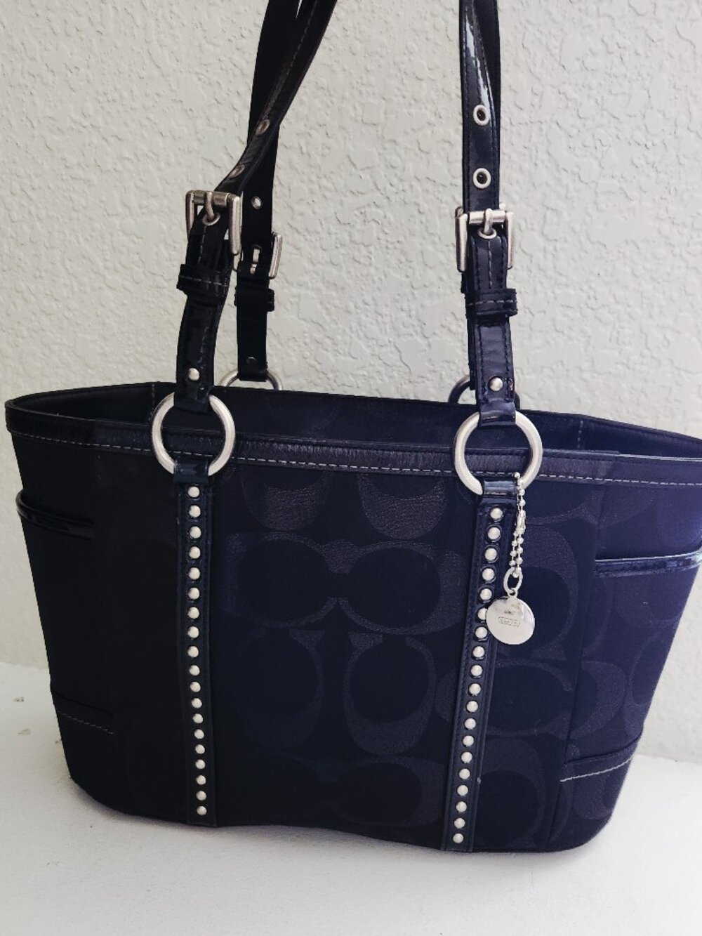 Like New Coach Signature Black Lurex Studded Shoulder Bag